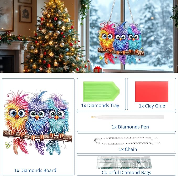 SENQAO Bird Diamond Art Hanging Kits for Adults Kids, Double Sided DIY Acrylic Diamond Art Painting Window Pendants Home Garden Wall Hanging Kits Hanging Ornament