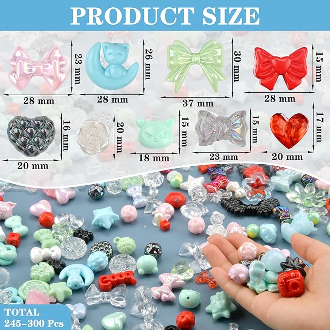 ABONDEVER 245-300Pcs Assorted Acrylic Beads for Bracelets Making kawaii Star Bow Flower Candy Heart Gummy Bear Butterfly Aesthetic Beads for DIY Jewelry Crafts Keychain Necklace Phone Charms(5 Colors)