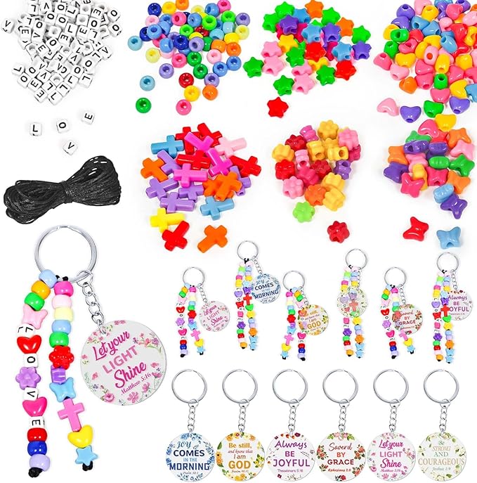 Cinrobiye 24 Set Christian Keychain Making Craft Kit, DIY Religious Bible Verse Keychains Inspirational Cross Beads Key Ring Women Teacher Appreciation Gifts for VBS Week Sunday Church School