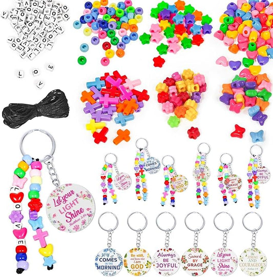 Cinrobiye 24 Set Christian Keychain Making Craft Kit, DIY Religious Bible Verse Keychains Inspirational Cross Beads Key Ring Women Teacher Appreciation Gifts for VBS Week Sunday Church School