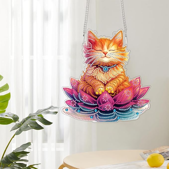 Reofrey Hanging Diamond Art Kits for Adults - 8x8 Inch Cat Acrylic Board Double Sided Pattern Diamond Art Suncatcher Pendant, DIY Crystal Art for Home Wall or Window Decoration Handmade Gift