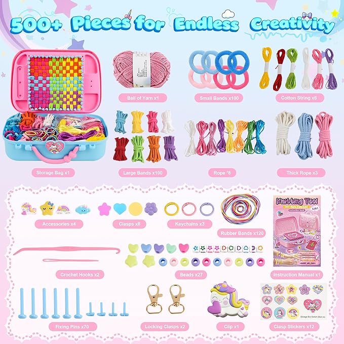 6-in-1 friendship bracelet making kit,weaving loom kit toys, 500+ pcs craft kits for kids,a multi-functional weaving loom that can be used to make bracelet, potholder, pendants, bags, hats and scarves