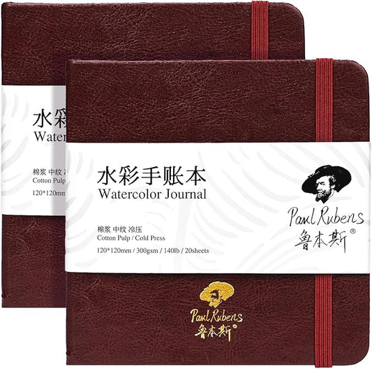 Paul Rubens Square Watercolor Journal,2 Pack 40 Sheets 100% Cotton Acid-Free Cold Press Watercolor Sketchbook 4.72 * 4.72 Inches, 140lb/300gsm for Watercolors, Gouache, Acrylics