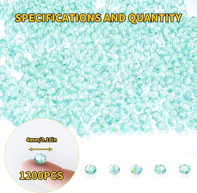 laopottbeads 1200pcs 4mm crystal glass beads for jewelry making beads for bracelets necklace pendants making supplies(light blue green)