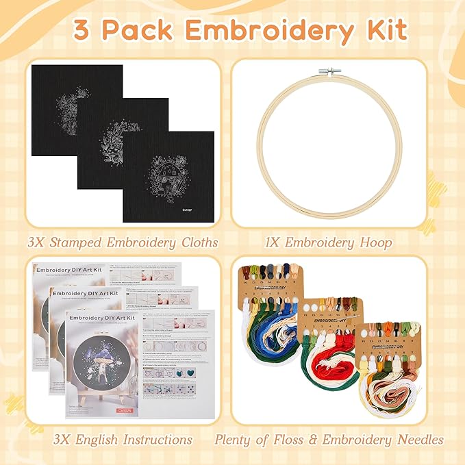 useamie 3 pack embroidery kit with botanical and floral classic prints, embroidery fabric, needle and thread, adult starter needlepoint embroidery kits