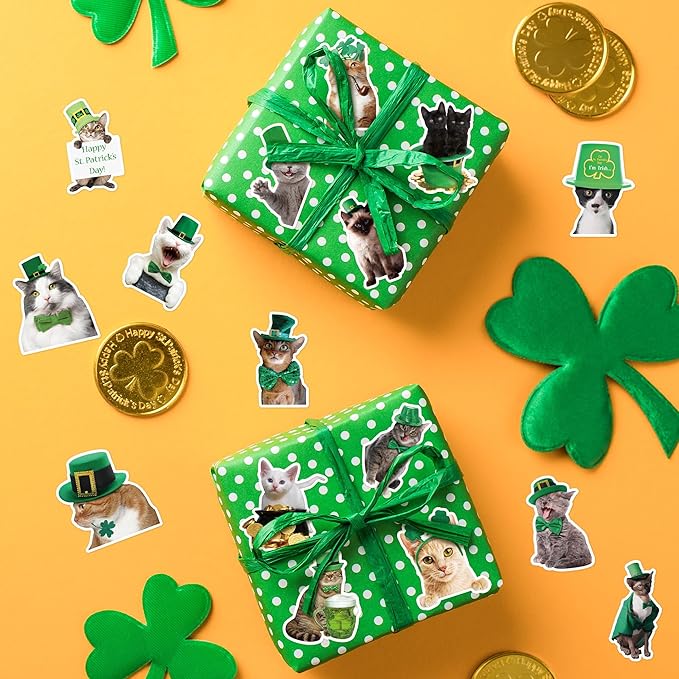 h1vojoxo st. patrick's day cat stickers - 1000pcs irish shamrock holiday cat stickers for kids 16 designs st. patrick's cute cat realistic sticker for craft st. patrick funny cat stickers for envelope