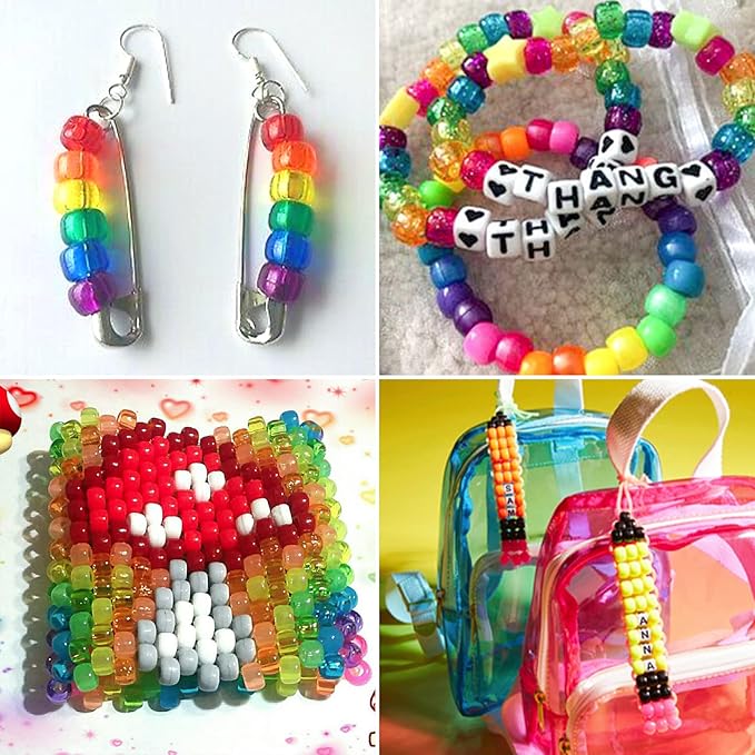 Quefe 2880pcs Pony Beads Kit, Kandi Beads for Hair, Rainbow Beads Plastic Bead for Craft 6 x 9mm 24 Colors 4 Styles Large Hole Beads Set for Bracelets Jewelry Making