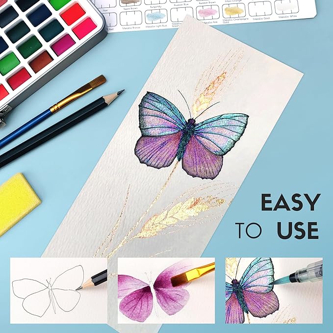 Watercolor Paint Set 50 Colors, Travel Watercolor Set with Portable Carrying Case, Papers, Brushes and Accessories, Ideal for Artists, Amateur Hobbyists and Painting Lovers