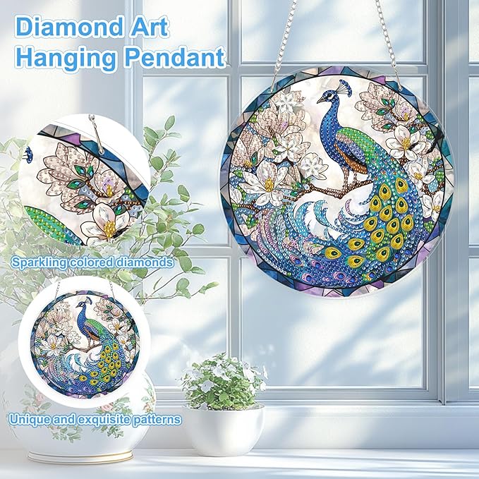 TOSTOG Peacock Diamond Art Hanging Kits for Adults, Peacock Diamond Painting for Adults Window Pendant,Special Shape Diamonds Diamond Painting Hanging Pendant Kit for Wall Home Decor Gift