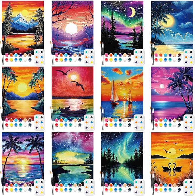 Ctosree 12 Pack Pre Drawn Canvas Kit for Painting Sip and Art Paint Kit for Adults Pre Painted Canvas Party Favors for DIY Holiday Party Date Night Gifts(Summer Sunset,10 x 8 Inch)