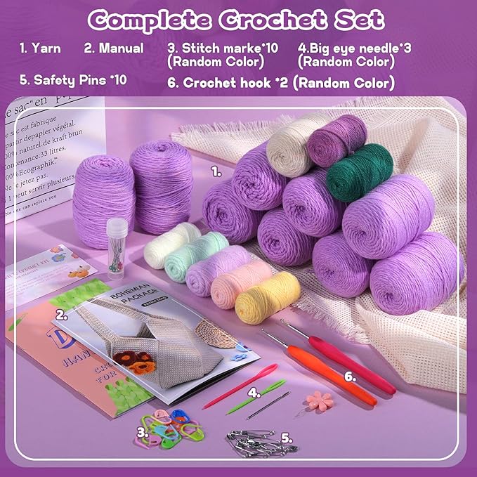 Pnytty Crochet Kit for Beginners, Knitting Kit Complete Starter Set with Yarn, Hook & Step-by-Step Video Tutorials DIY Shoulder Bag Crafting Gift for Adults
