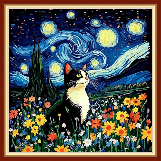 Redxing Stamped Cross Stitch Kits Embroidery kit for Beginners Adults Full Range of Embroidery Patterns Starter Kits DIY Printed Cross Stitch Kits Needlepoint Kits 11CT-Van Gogh Starry Cat 18x18 inchs
