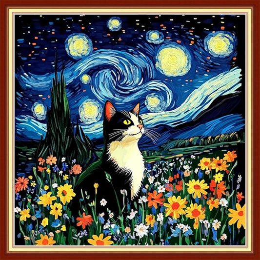 Redxing Stamped Cross Stitch Kits Embroidery kit for Beginners Adults Full Range of Embroidery Patterns Starter Kits DIY Printed Cross Stitch Kits Needlepoint Kits 11CT-Van Gogh Starry Cat 18x18 inchs
