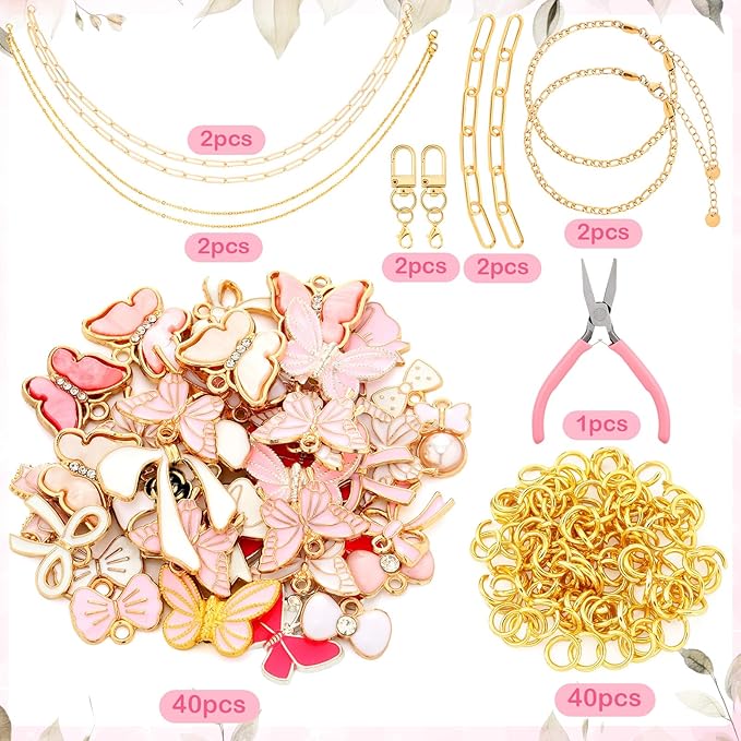 Quelay 91 Pcs Pink Bow Enamel Flat Charms Jewelry Making Kit Gold Keychain Making Kit for Necklace Choker Bracelet with Jewelry Pliers, Butterfly Bowknot Charms Pendants for Women DIY Crafts Supplies