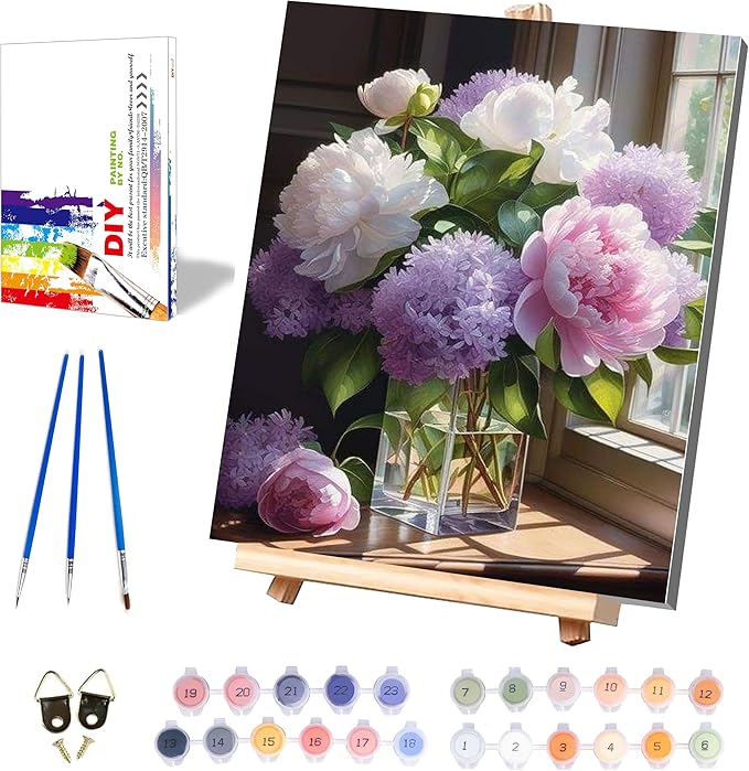 Peony Paint by Numbers for Adults with Framed Canvas-with Wooden Easel,Paint by Number on Canvas Vase Flowers,DIY Acrylic Oil Painting Kits with Brushes Nice Gift Box for Home Wall Decor(12x16inch)