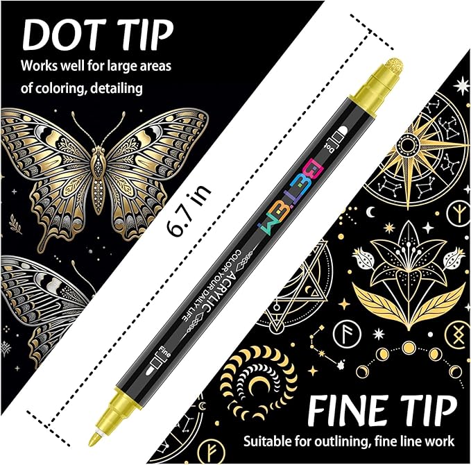 Betem 6 Gold&Silver Dual Tip Acrylic Paint Pens Markers, Fabric Decorating Kits Premium Water-Based Acrylic Paint Markers for Fabric, Rock, Wood, Glass, Eggs, Canvas, Ceramic, Easter Basket Stuffers