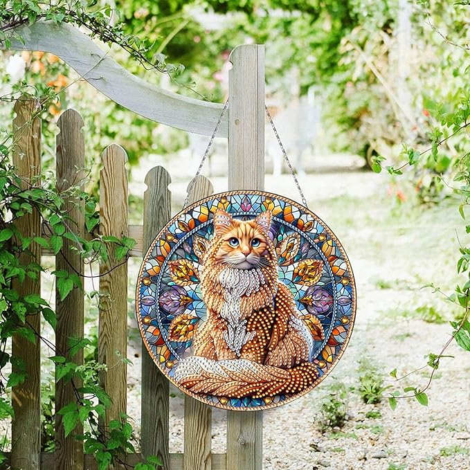 Generic DIY Hanging Diamond Pendant Special Shaped Crystal Diamond Art Painting Ornament Single Sided for Window Home Garden Wall Door Decor-Orange Cat