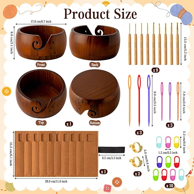 WATINC Wooden Yarn Bowl Holder Set - Large Crochet Yarn Storage Bowls with 9pcs Metal Knitting Hooks, Adjustable Loop Ring Stitch Markers with Box Crochet Gifts for Knitters Crocheters (Dark Brown