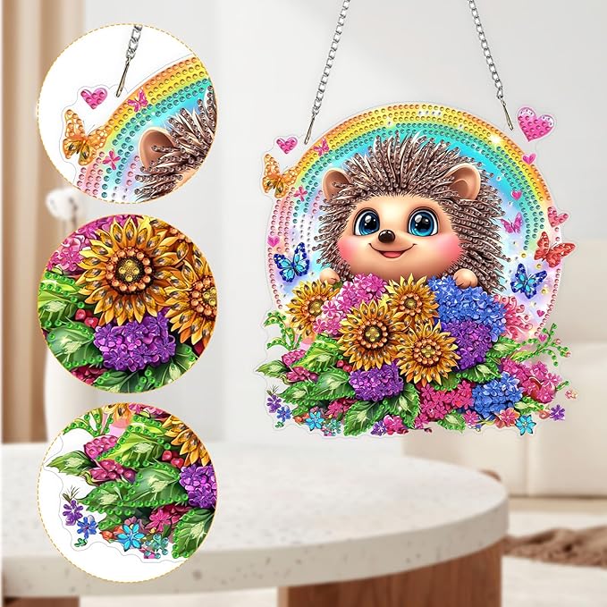 QENSPE Diamond Painting Art Hanging for Adults, Cute Hedgehog Special Shape Diamond Paingting Ornaments Kits with Chain, DIY Flowers Crystal Window Pendants for Home Wall Decor Gifts 20X20 cm