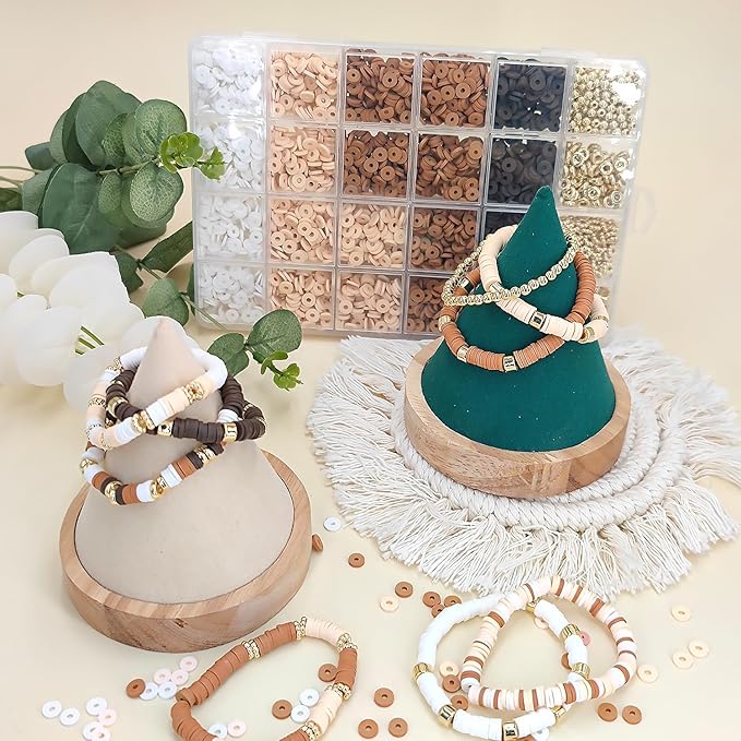 MIIIM Neutral Clay Beads Kit for Bracelets Making, Heishi Beads for Friendship Bracelet, Clay Charms and Gold Spacers for Jewelry Making, Crafts, Concert, Raves, Gifts (Golden Brown Cream)