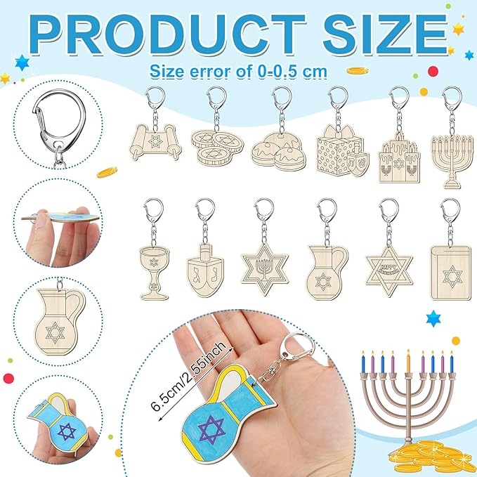 Trnayi 36 Pcs Hanukkah Crafts Color Your Own Wooden Hanukkah Menorah Keychains DIY Unfinished Unfinished Blank Wood Chanukah Dreidel Star Ornaments to Paint for Christmas Holiday Jewish Party Favors