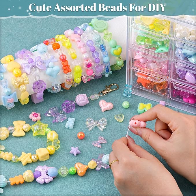 400-450pcs tinkrstuff assorted acrylic beads 6 mixed colors cute beads for bracelet making, bow aesthetic flower gummybear butterfly kawaii charms for jewelry making diy necklace keychain phone charm