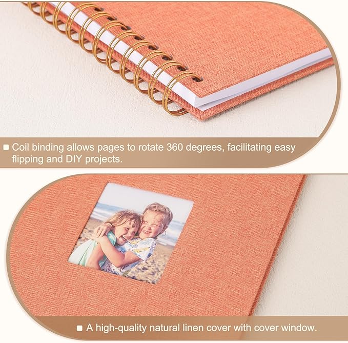 Scrapbook Photo Album 8x8 Inches 40 Pages Hardcover Kraft Paper Linen Cover Scrap Book Memory Book DIY Scrapbook Albums for Wedding Baby Boyfriend Travel Anniversary Family, Orange