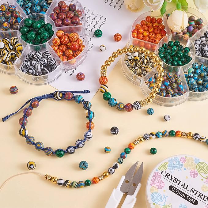 140Pcs 7 Colors Malachite Beads for Jewelry Making, 8MM Malachite Stone Beads Charm Round Bead Set for Necklace Bracelet Charm Jewelry Making (8MM, 7 Colors Malachite)