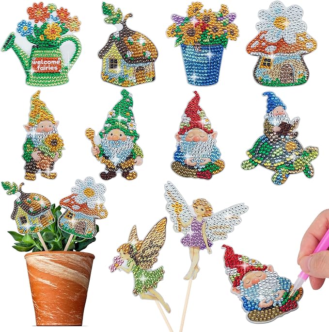 SWATOM 10PCS Diamond Art Kits for Adults for Garden Decor with Fairies, Garden Gnomes & Mushroom Houses Wood Stakes Diamond Painting Dotz Ornaments Kits for Indoor Outdoor Yard Decoration Crafts