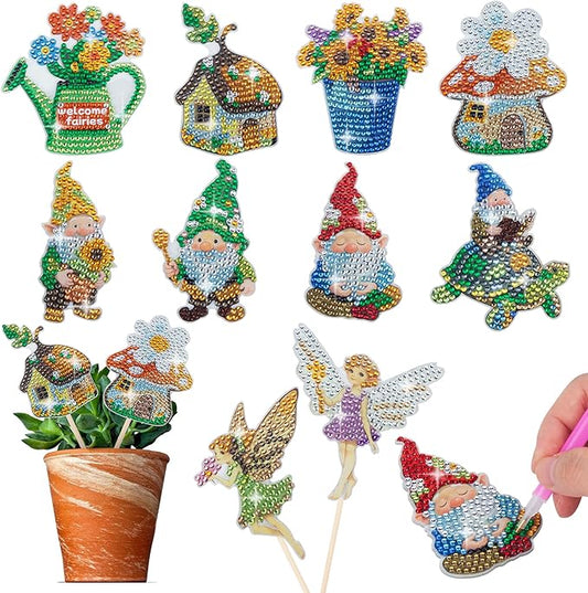 SWATOM 10PCS Diamond Art Kits for Adults for Garden Decor with Fairies, Garden Gnomes & Mushroom Houses Wood Stakes Diamond Painting Dotz Ornaments Kits for Indoor Outdoor Yard Decoration Crafts