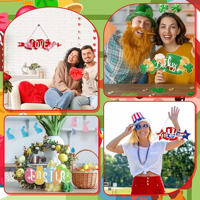 Cinnvoice 12 Pcs Seasonal Diamond Art Wreath Kits Holiday 5d DIY Diamond Art Hanging Signs Winter Spring Ornaments for Wall Door Decoration(Rustic)