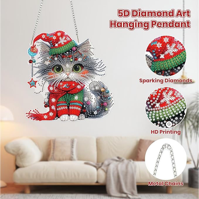 MOGTAA Christmas Diamond Art Hanging Kits for Adults Kids, Christmas Cat Diamond Art Suncatchers, 5D Special Shape Diamond Animal Painting Window Pendant Kit for Home Garden Wall Decor
