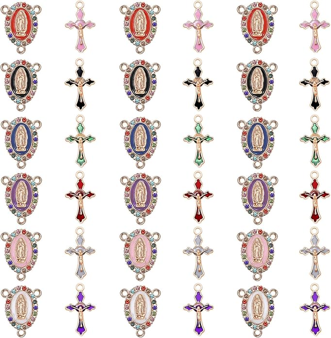 48Pcs/24Sets Rosary Making Kits Supplies Cross and Center Medal Charms Alloy Enamel Rhinestones Virgen de Guadalupe Charm Pendant for Diy Catholic Prayer Necklace