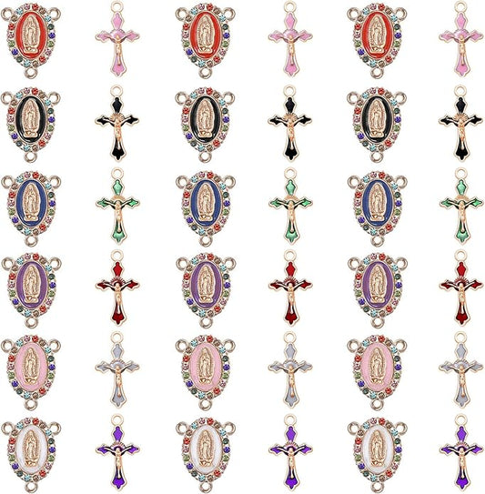 48Pcs/24Sets Rosary Making Kits Supplies Cross and Center Medal Charms Alloy Enamel Rhinestones Virgen de Guadalupe Charm Pendant for Diy Catholic Prayer Necklace