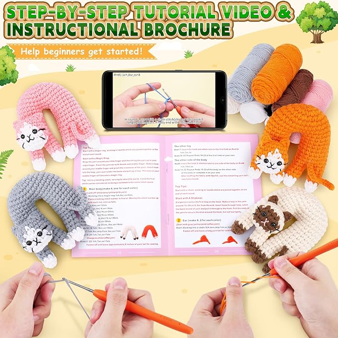 Fortuning's JDS Crochet Kit for Beginners, 4 Pack Funny Cat Crochet Kits, Animal Starter Crochet Kit with Step-by-Step Video Tutorials, Easy DIY Cat Craft for Adults, Novelty Gift for Crochet Lovers