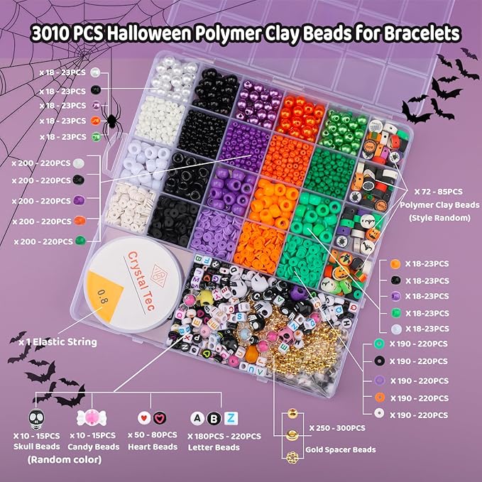 3010 Pieces Halloween Bracelet Making Kit, Assorted Halloween Bead Polymer Clay Beads Skull Beads Glasses Pearl Bead for Necklace Jewelry Making DIY Crafts
