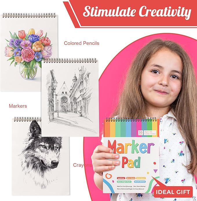 50 Sheets Marker Paper Pad, 7.5×9.8 Inch Bleedproof Art Sketch Pad, 73lb/120gsm Drawing Paper Spiral Sketch Book, Painting Coloring Alcohol Marker Paper for Beginners, Artists, Gift, Easter