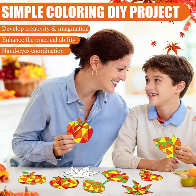 Qyeahkj 30Pcs Thanksgiving Pumpkin Fall Suncatchers Craft Kit DIY Coloring Maple Leaves Art Craft Autumn Window Cling Sticker Window Ornaments Decor Gift for Activities