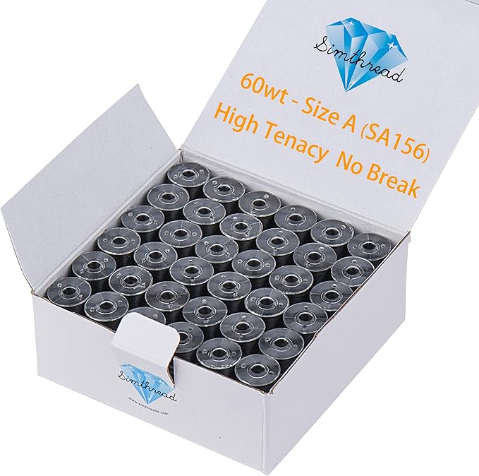 Simthread 144pcs Embroidery Pre-Wound Bobbins Thread, Class 15 Type A Size SA156, Polyester Black 60 wt, Compatible with Bernina Pfaff Ambition BabyLock Embroidery Sewing Machines Plastic Side(Black)