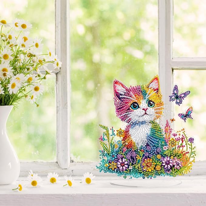 KEYIFA Diamond Painting Desktop Ornament, DIY Colorful Cat Diamond Art for Adults Beginner, Flower Gem Arts Table Decor Special Shaped Rhinestone Crafts Home Desk Decoration Gift, Double Sided