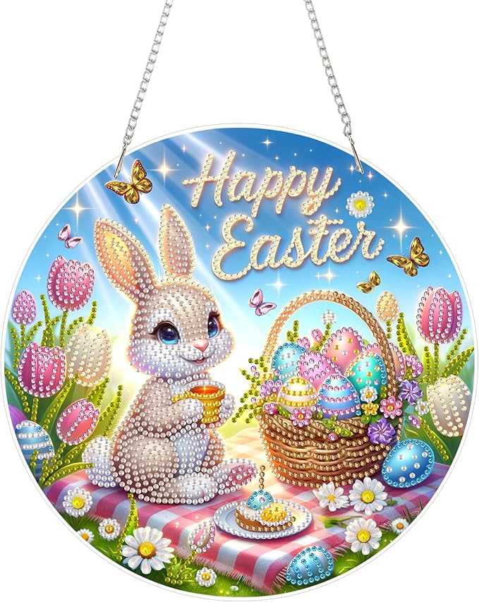 Aeepics Hanging Diamond Art Kit for Adult Easter Rabbit, DIY Diamonds Painting Pendant Ornament Kit, Acrylic Diamond Art Painting Board Kit (Happy Easter)