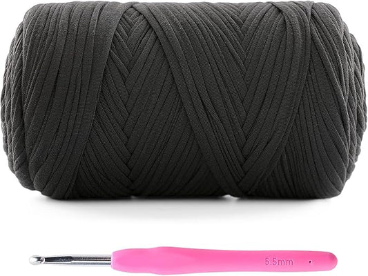 1 Pack T-Shirt Crochet Yarn for DIY Knitting Crochet Cloth Blanket Bag Dolls - 400g Chunky Thick Yarn for Crocheting with Polyester-Spandex Blend Elastic Fabric (Black)