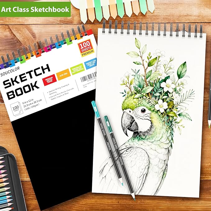soucolor 9" x 12" sketch book, 100 sheets top spiral bound sketchbook with acid-free 68lb/100gsm drawing paper, art sketch pad for kids, adults & artist, professional art supplies for beginners