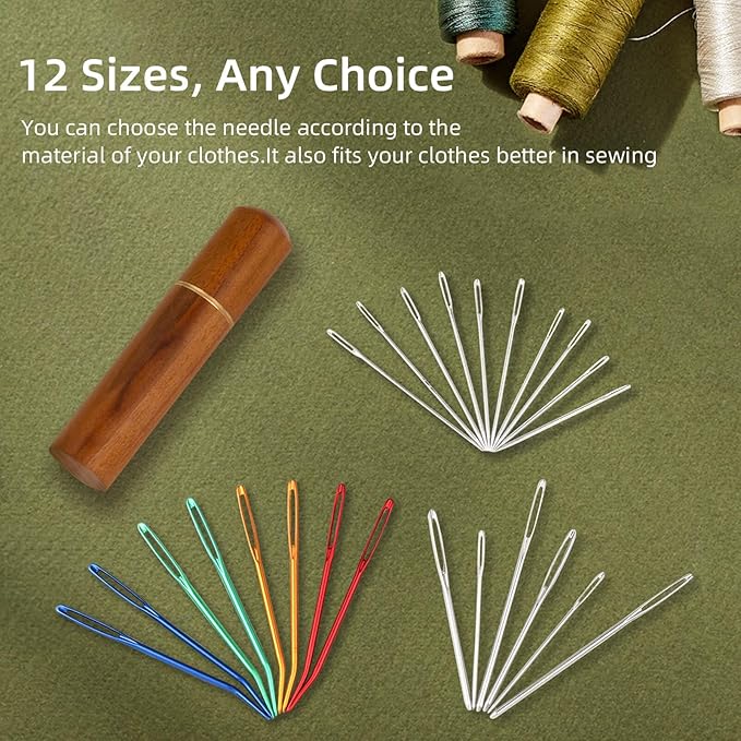 24pcs Large Eye Sewing Needles Kit, Stainless Steel Blunt Darning Needles & Bent Tapestry Needles & Sharp Hand Knitting Needles with Wooden Case,Perfect for Crochet/Darning/Yarn/Embroidery Projects