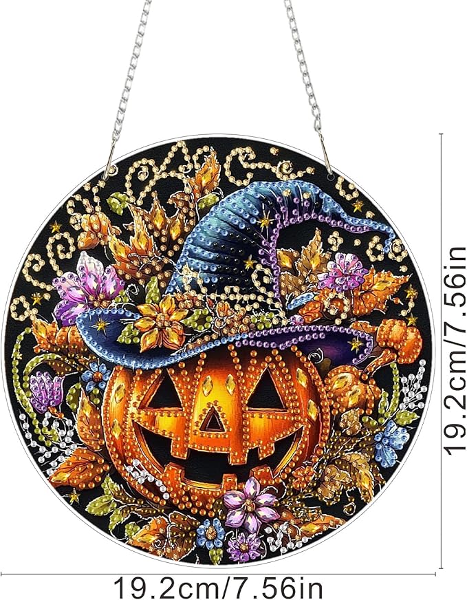 SENQAO Scary Pumpkin Diamond Art Hanging Kits for Adults, Acrylic Diamonds Painting Pendant Board Kit Halloween, Diamond Art Painting Window Pendants Home Garden Wall Hanging Kits Hanging Ornament