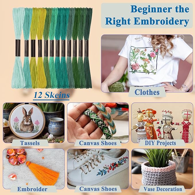 Friendship Bracelet String, 12 Skeins Green Series Cross Stitch Thread, 344.5 Inch Cotton Embroidery Floss, Hand Embroidery Thread for DIY Sewing and Embroidery Crafts Making