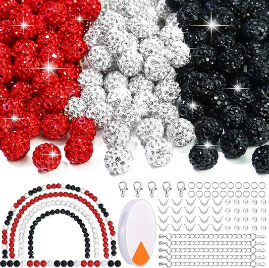 Dowarm 255PCS 10mm Rhinestone Beads for Baseball Rhinestone Necklace Bracelet Jewelry Making, Round Polymer Clay Beads for Crafts Beaded Pen, DIY Shamballa Pave Disco Diamond Bead, Black|Red|White