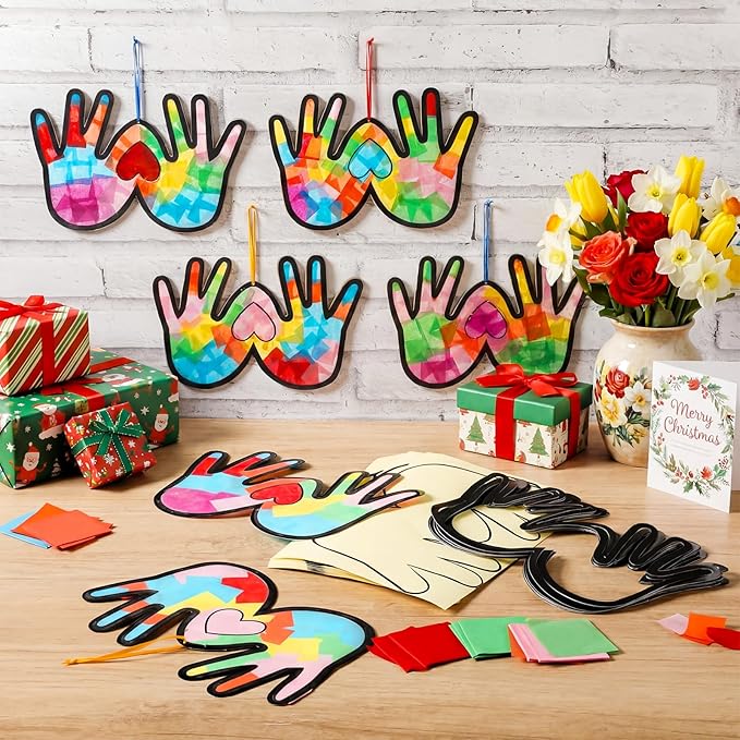 Yaomiao 30 Set Mother's Day Crafts Heart Handprint Suncatchers Paper Crafts Kit DIY Stained Glass Kit Effect Tissue Paper Hanging Suncatchers for Mother's Day Home Birthday Party Favors Gifts