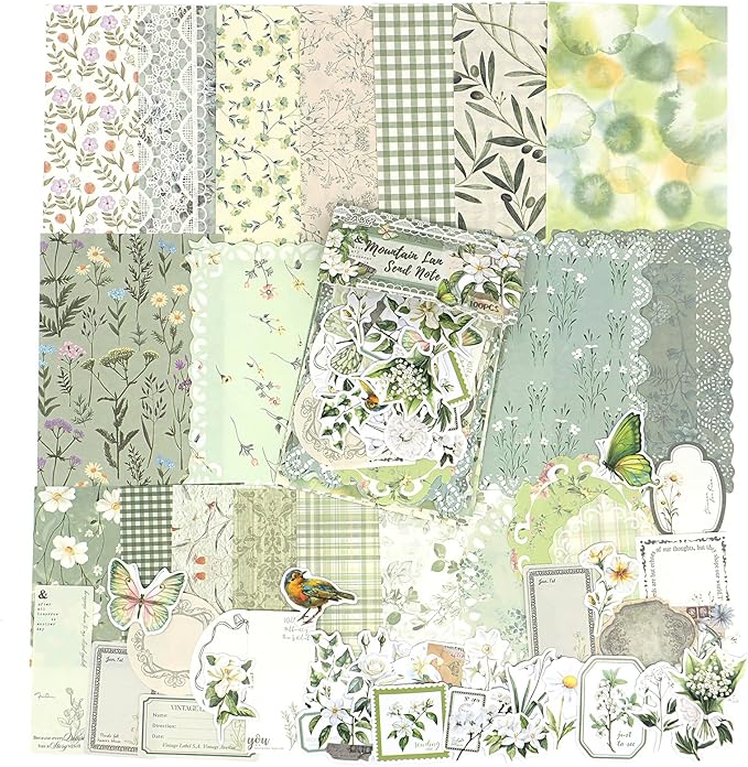 OKUPAN Scrapbook Supplies Kit – 100Pcs Vintage Floral Scrapbook Paper & Junk Journal Stickers, Journaling Supplies for Bullet Journaling, Retro Crafts, Mixed Media, Planner, Collage Card Album (Green)