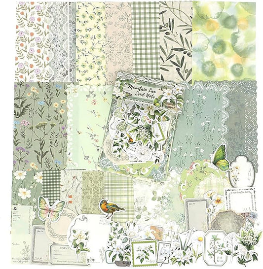 OKUPAN Scrapbook Supplies Kit – 100Pcs Vintage Floral Scrapbook Paper & Junk Journal Stickers, Journaling Supplies for Bullet Journaling, Retro Crafts, Mixed Media, Planner, Collage Card Album (Green)
